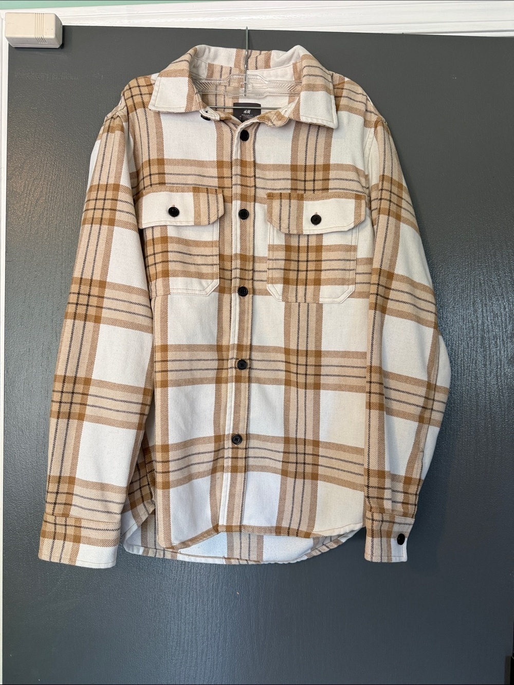 H&M Men's Cream and Tan Plaid Shacket